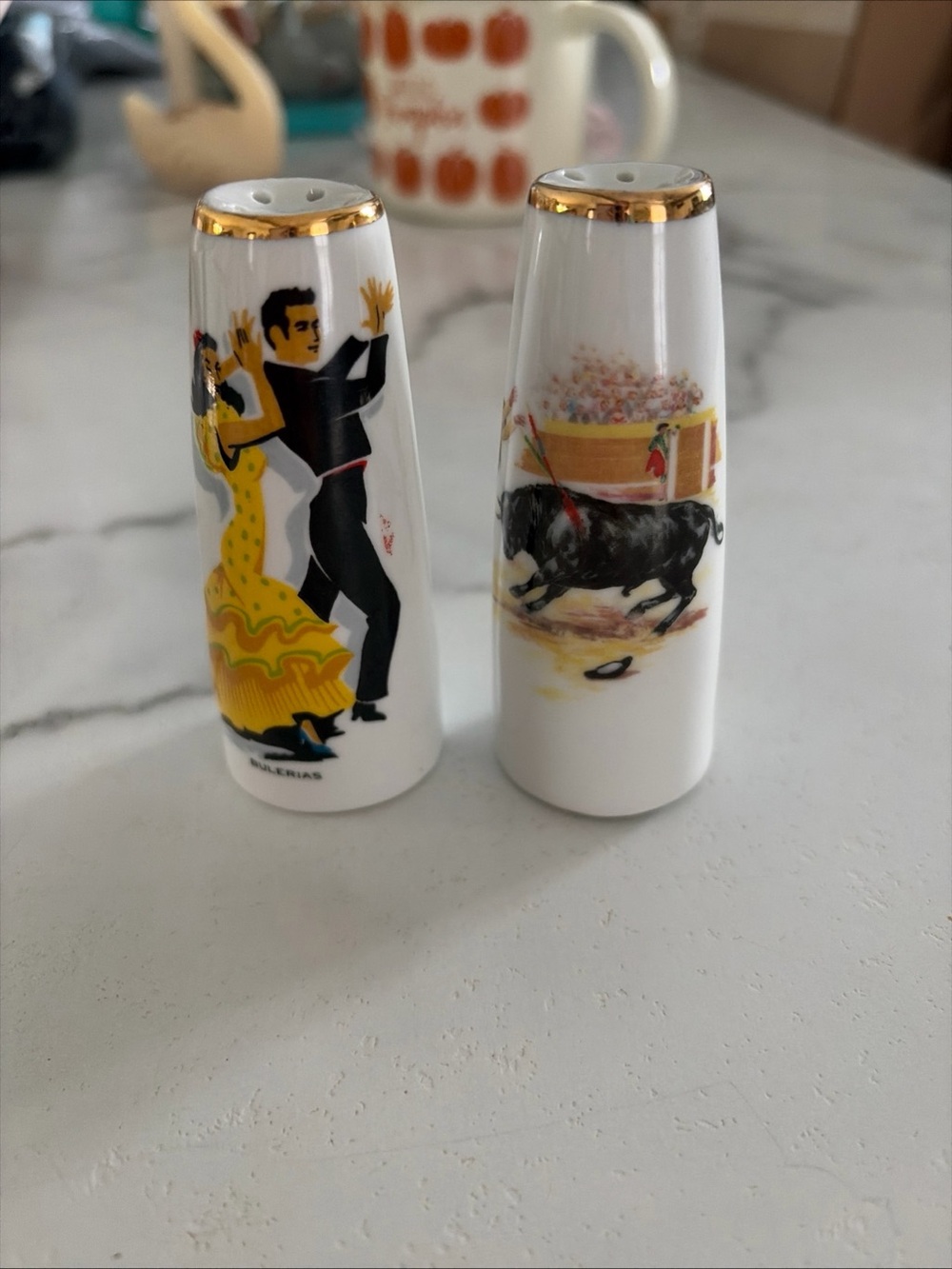 Vintage Porcelain Spanish Dance & Bull Salt and Pepper Shakers - White and Gold